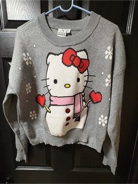 Aeropostale Gray Hello Kitty Snowman Sweater with Pink & Red Accents